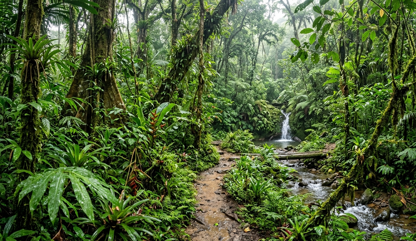 Multi-layered rainforest ecosystem showing canopy, understory and forest floor